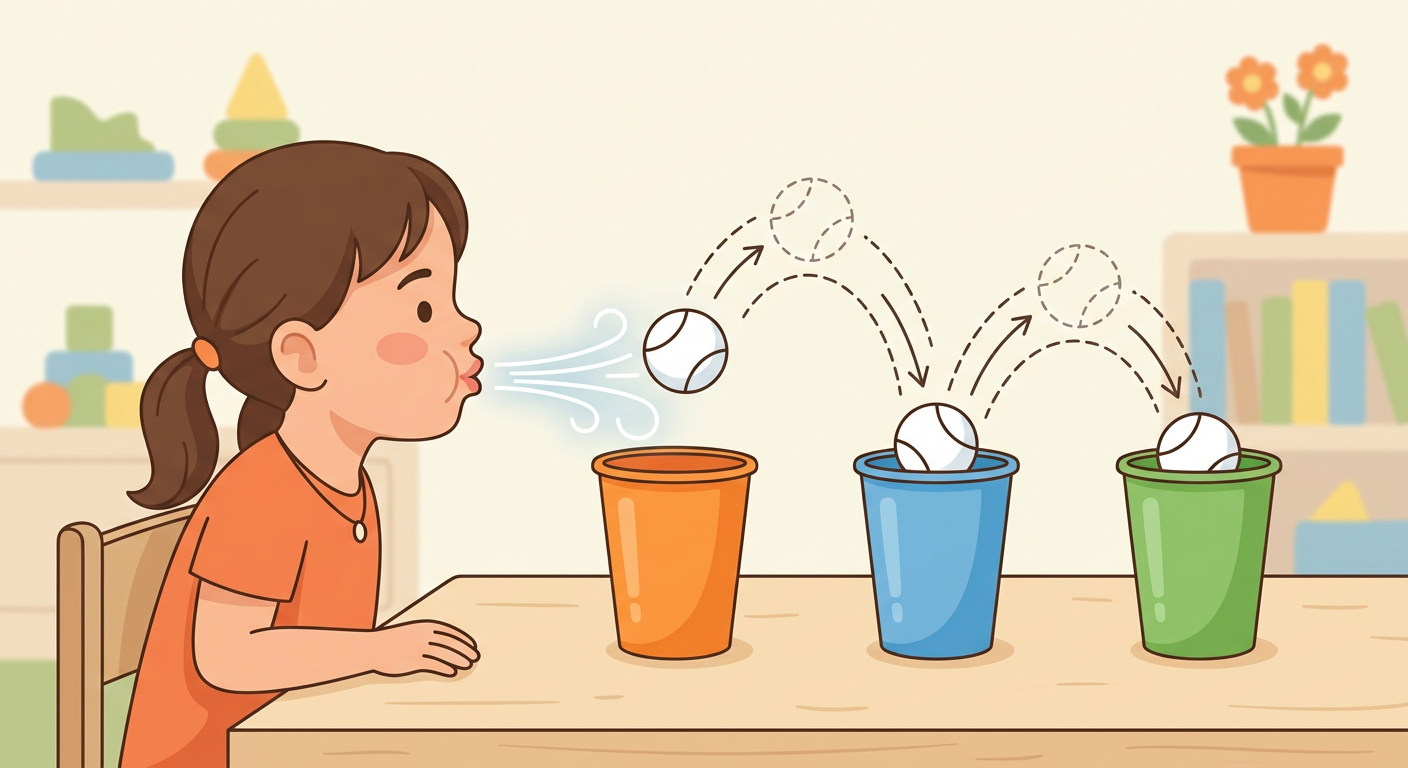 Легкий шарик перепрыгивает из одного стаканчика в другой от выдоха.