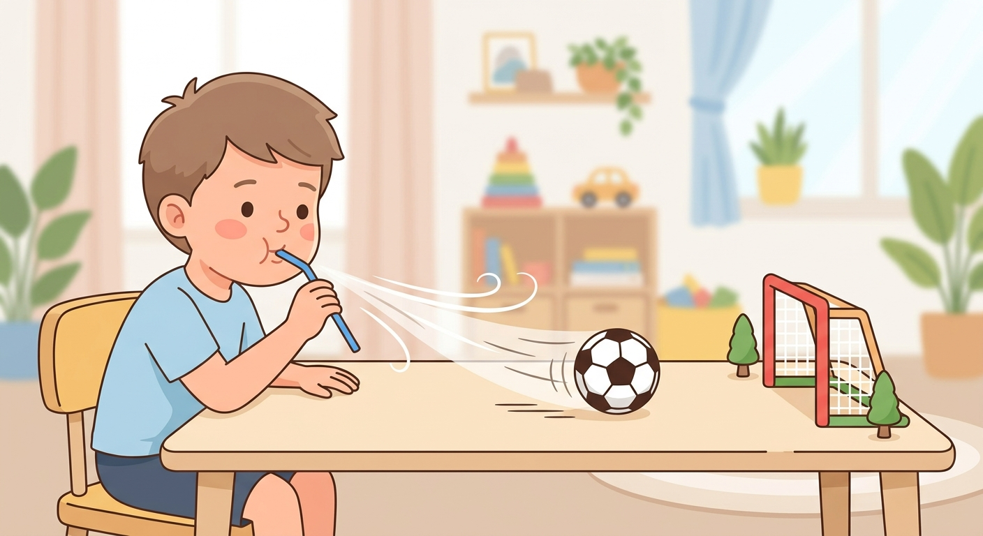 Легкий мячик летит в маленькие ворота от сильного выдоха.