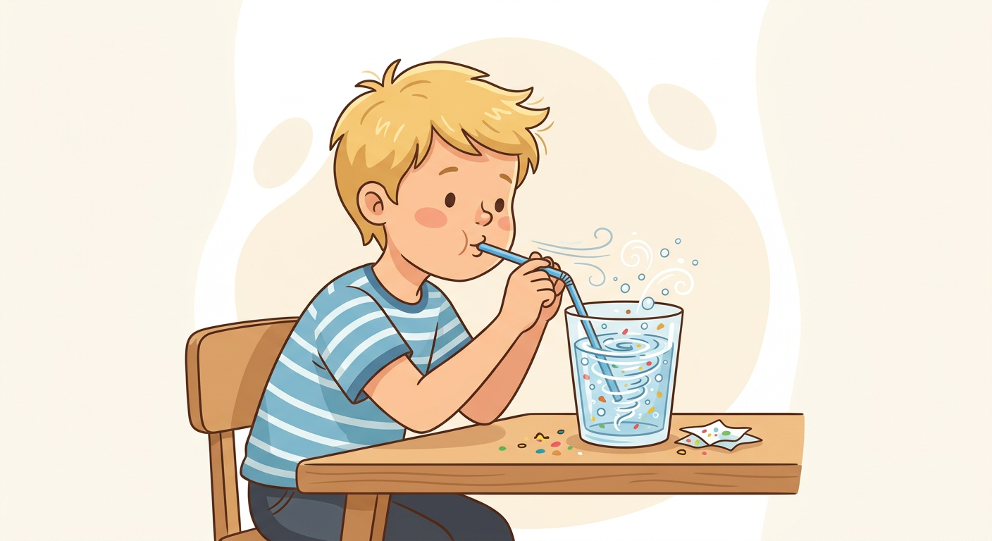 Ребенок дует в трубочку в стакан, и в нем начинается вихрь.