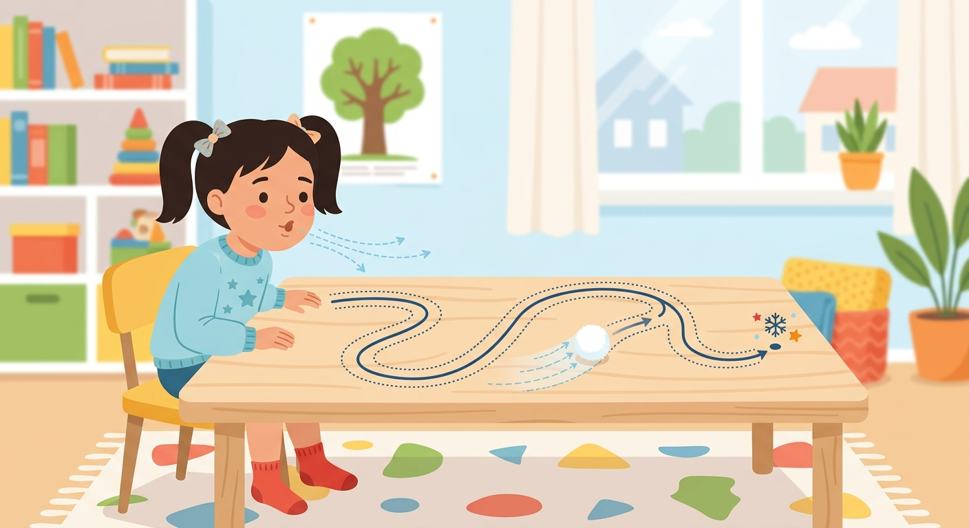 Ватный снежок движется по дорожке от плавного выдоха.