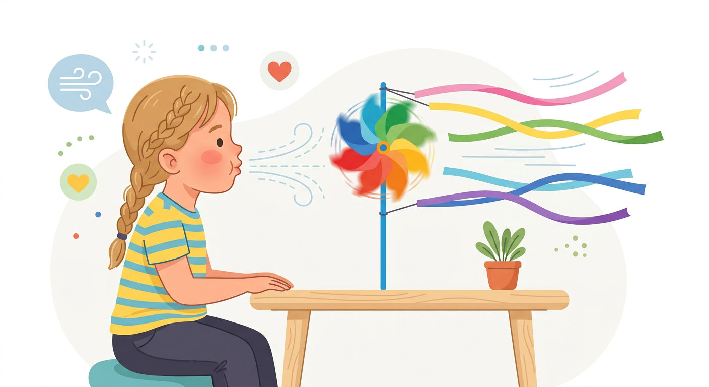 Вертушка крутится, а ленточки тянутся вперед от ровного выдоха.